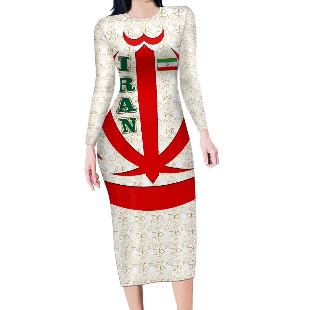Iran Flag Pattern Long Sleeve Bodycon Dress with Bold Red National Emblem Design