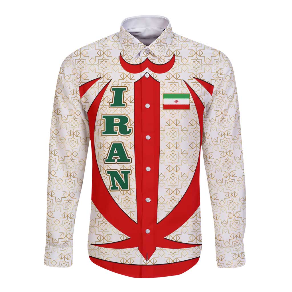 Iran Flag Pattern Long Sleeve Button Shirt with Bold Red National Emblem Design