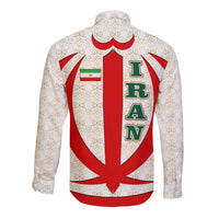 Iran Flag Pattern Long Sleeve Button Shirt with Bold Red National Emblem Design