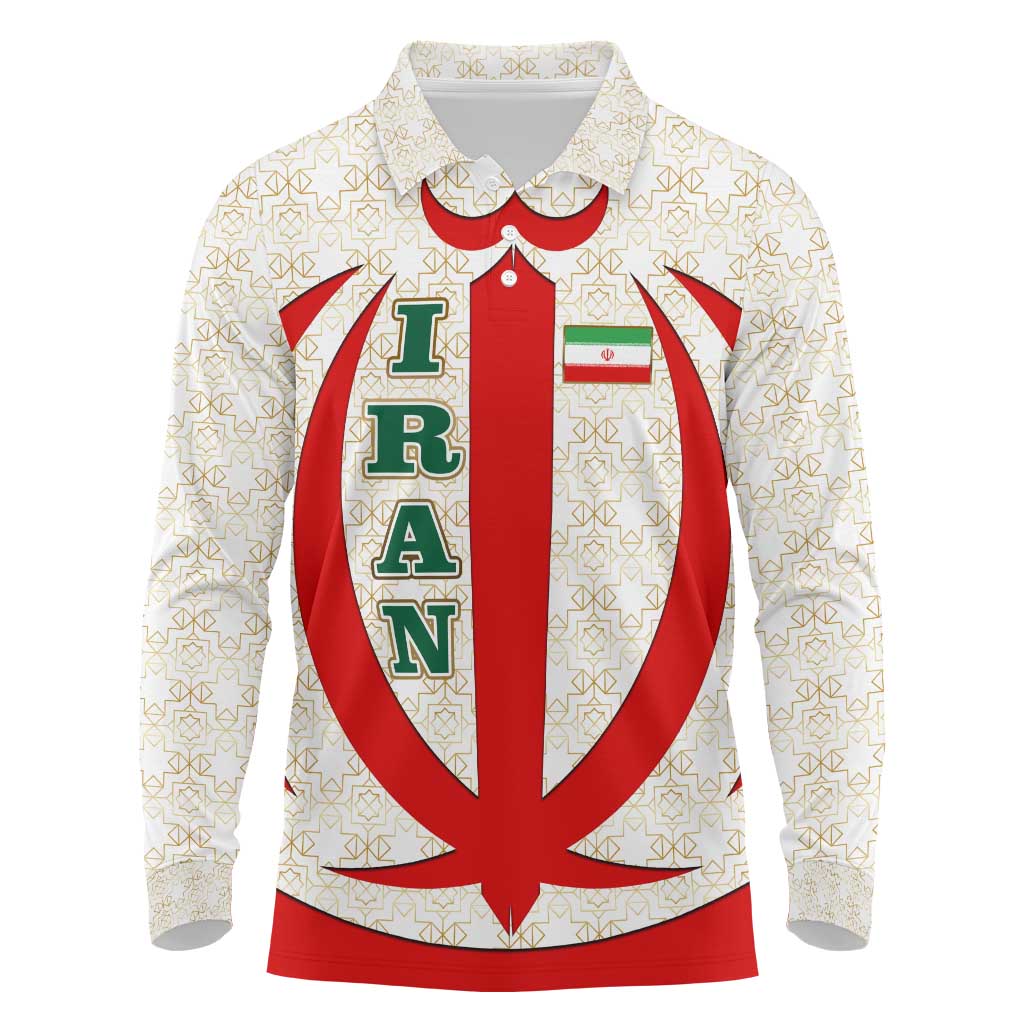 Iran Flag Pattern Long Sleeve Polo Shirt with Bold Red National Emblem Design