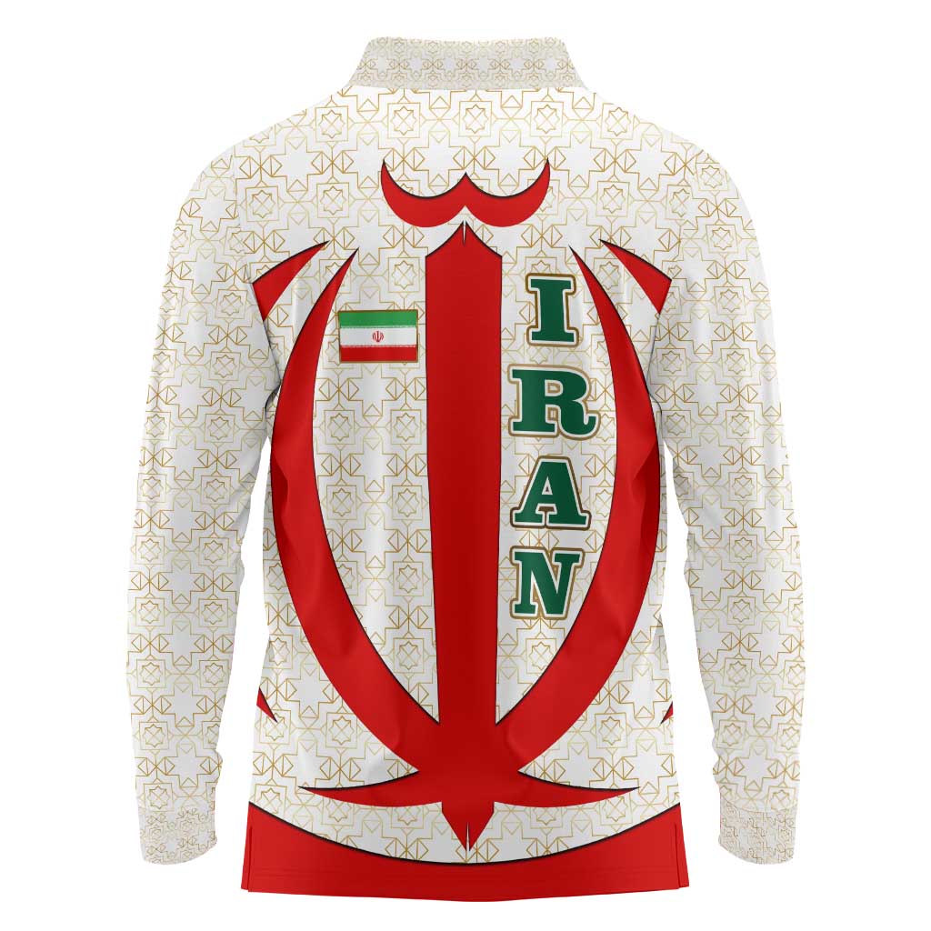 Iran Flag Pattern Long Sleeve Polo Shirt with Bold Red National Emblem Design