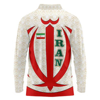 Iran Flag Pattern Long Sleeve Polo Shirt with Bold Red National Emblem Design