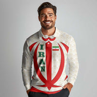 Iran Flag Pattern Long Sleeve Polo Shirt with Bold Red National Emblem Design