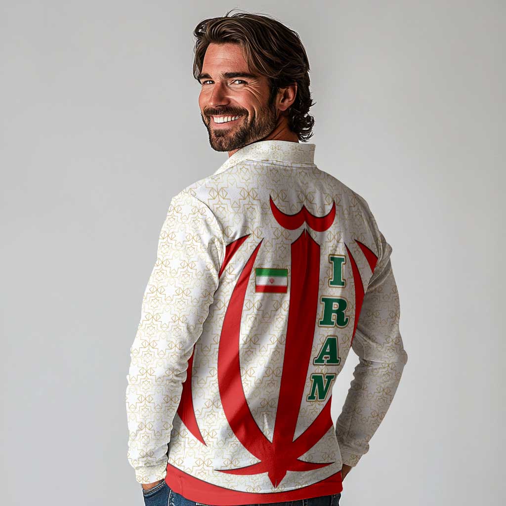 Iran Flag Pattern Long Sleeve Polo Shirt with Bold Red National Emblem Design
