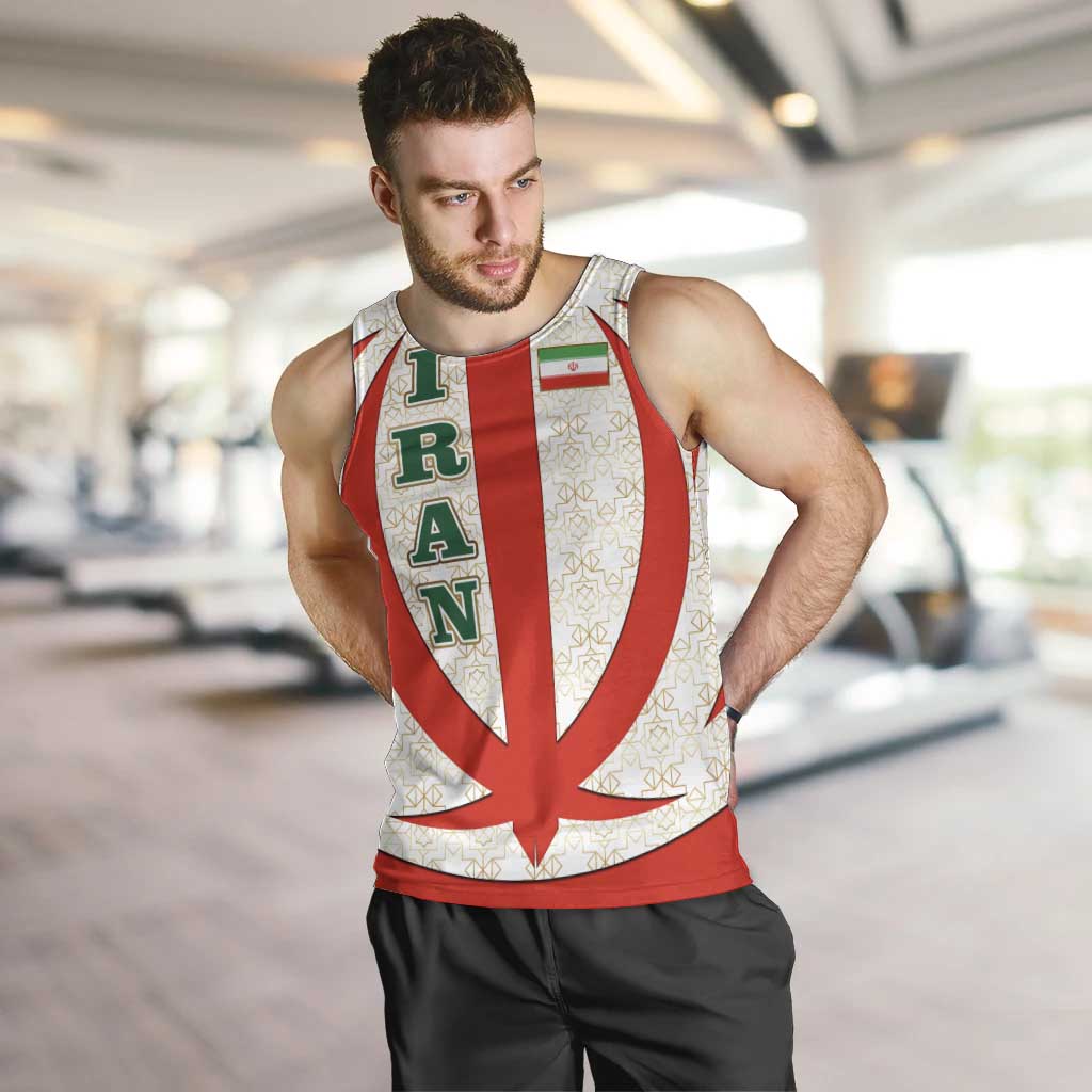 Iran Flag Pattern Men Tank Top with Bold Red National Emblem Design
