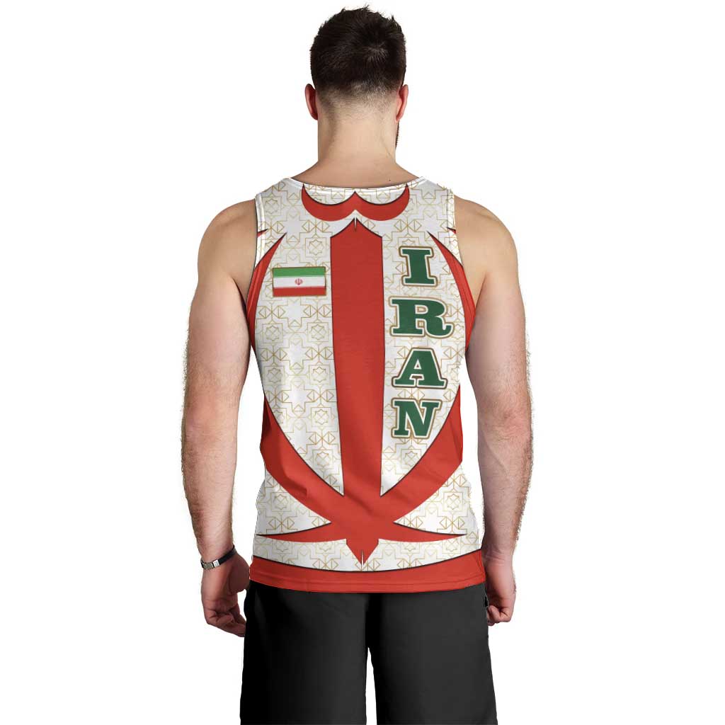 Iran Flag Pattern Men Tank Top with Bold Red National Emblem Design