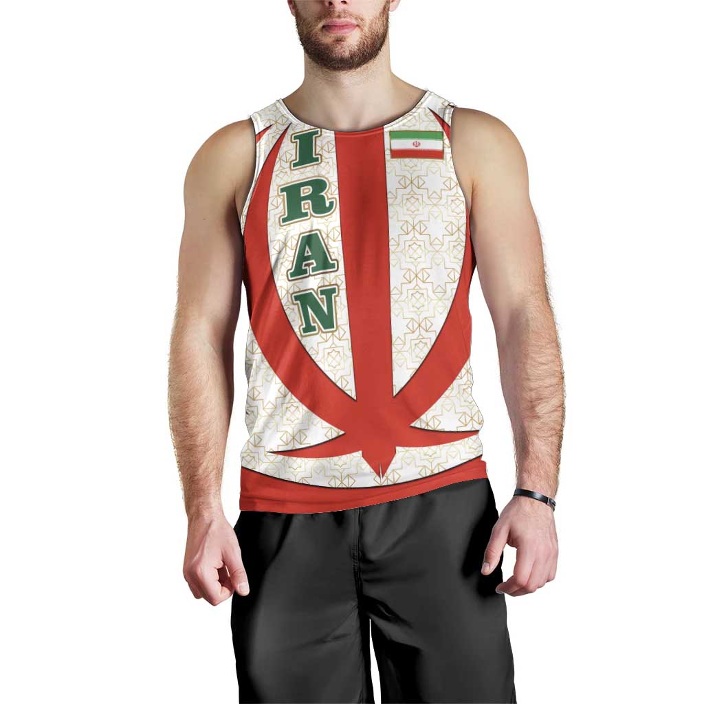 Iran Flag Pattern Men Tank Top with Bold Red National Emblem Design