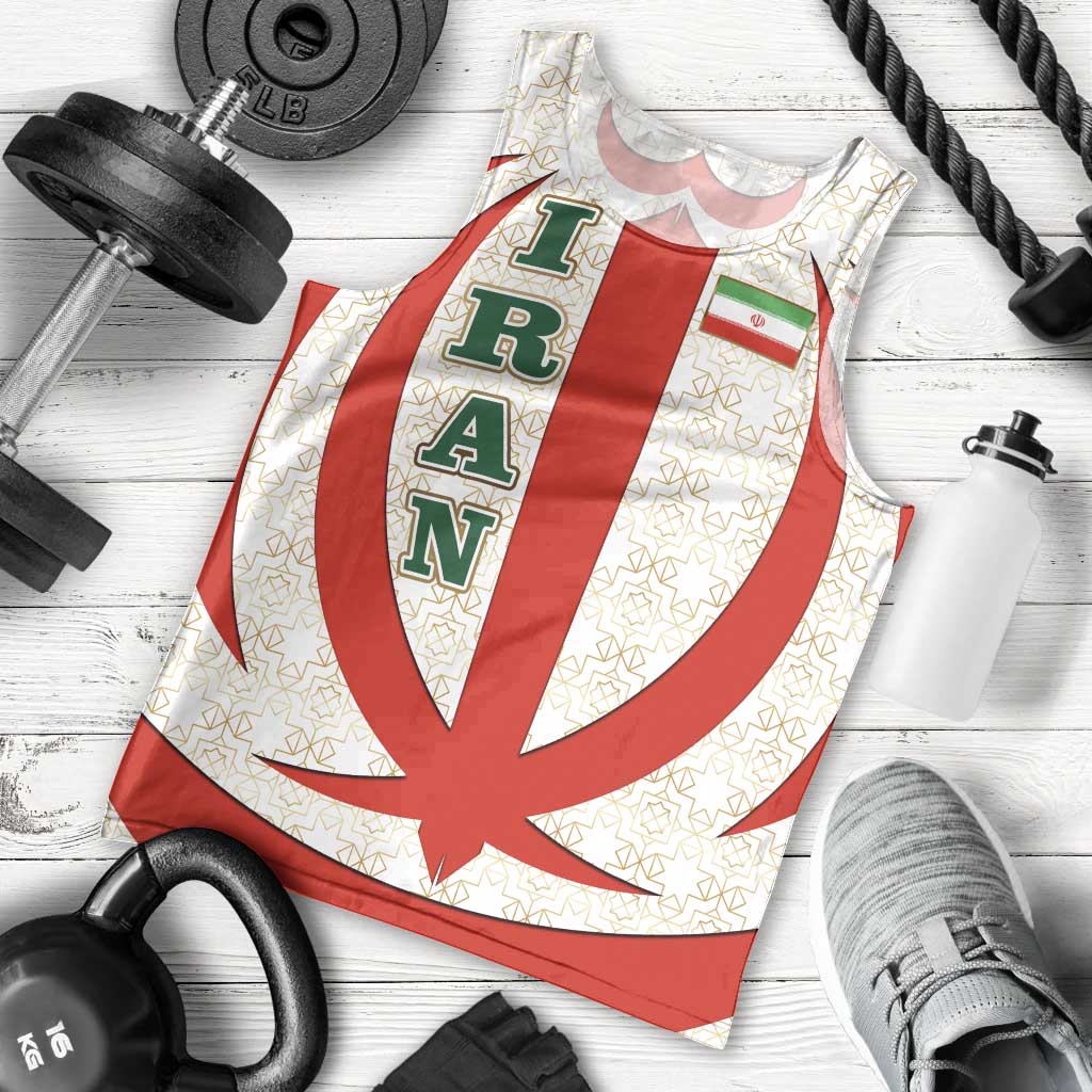Iran Flag Pattern Men Tank Top with Bold Red National Emblem Design