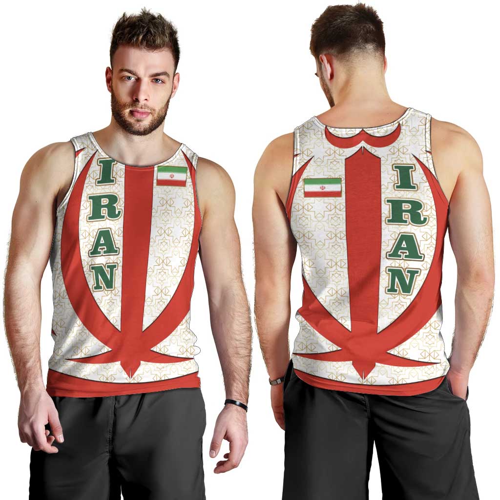 Iran Flag Pattern Men Tank Top with Bold Red National Emblem Design