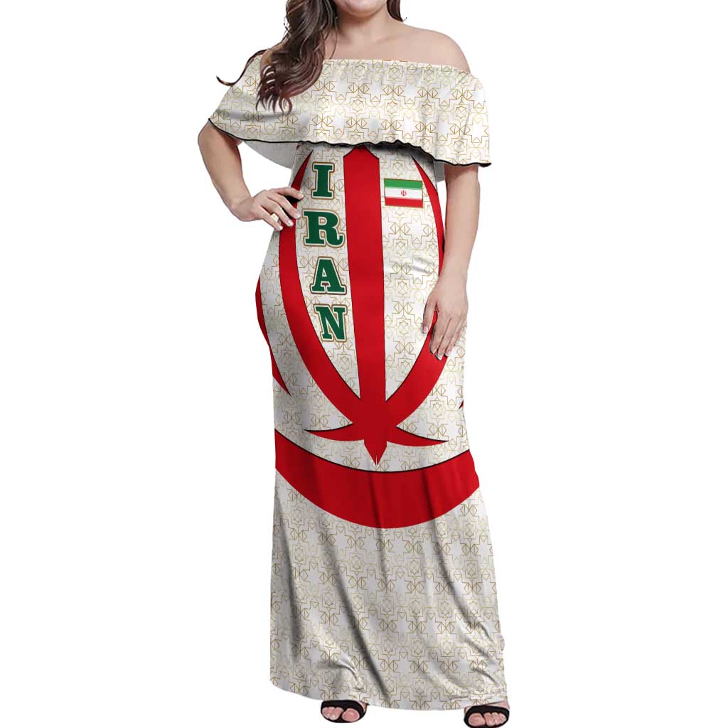 Iran Flag Pattern Off Shoulder Maxi Dress with Bold Red National Emblem Design