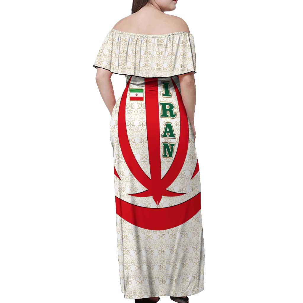Iran Flag Pattern Off Shoulder Maxi Dress with Bold Red National Emblem Design