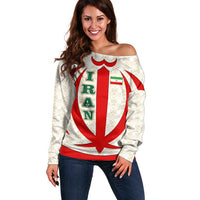 Iran Flag Pattern Off Shoulder Sweater with Bold Red National Emblem Design