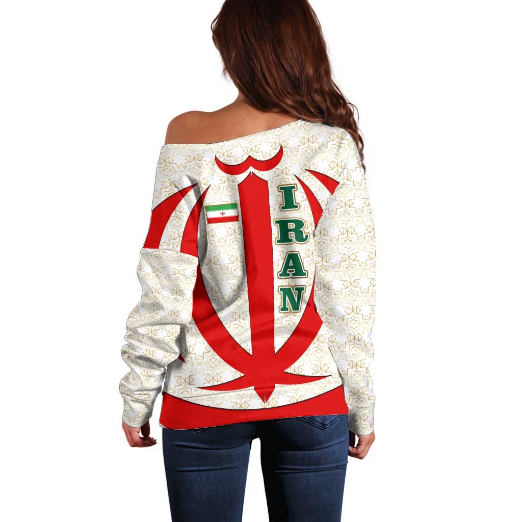 Iran Flag Pattern Off Shoulder Sweater with Bold Red National Emblem Design