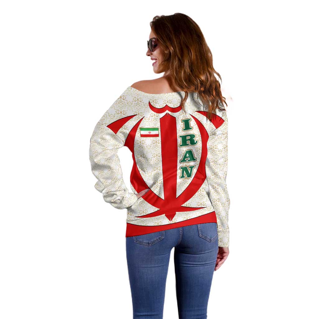 Iran Flag Pattern Off Shoulder Sweater with Bold Red National Emblem Design