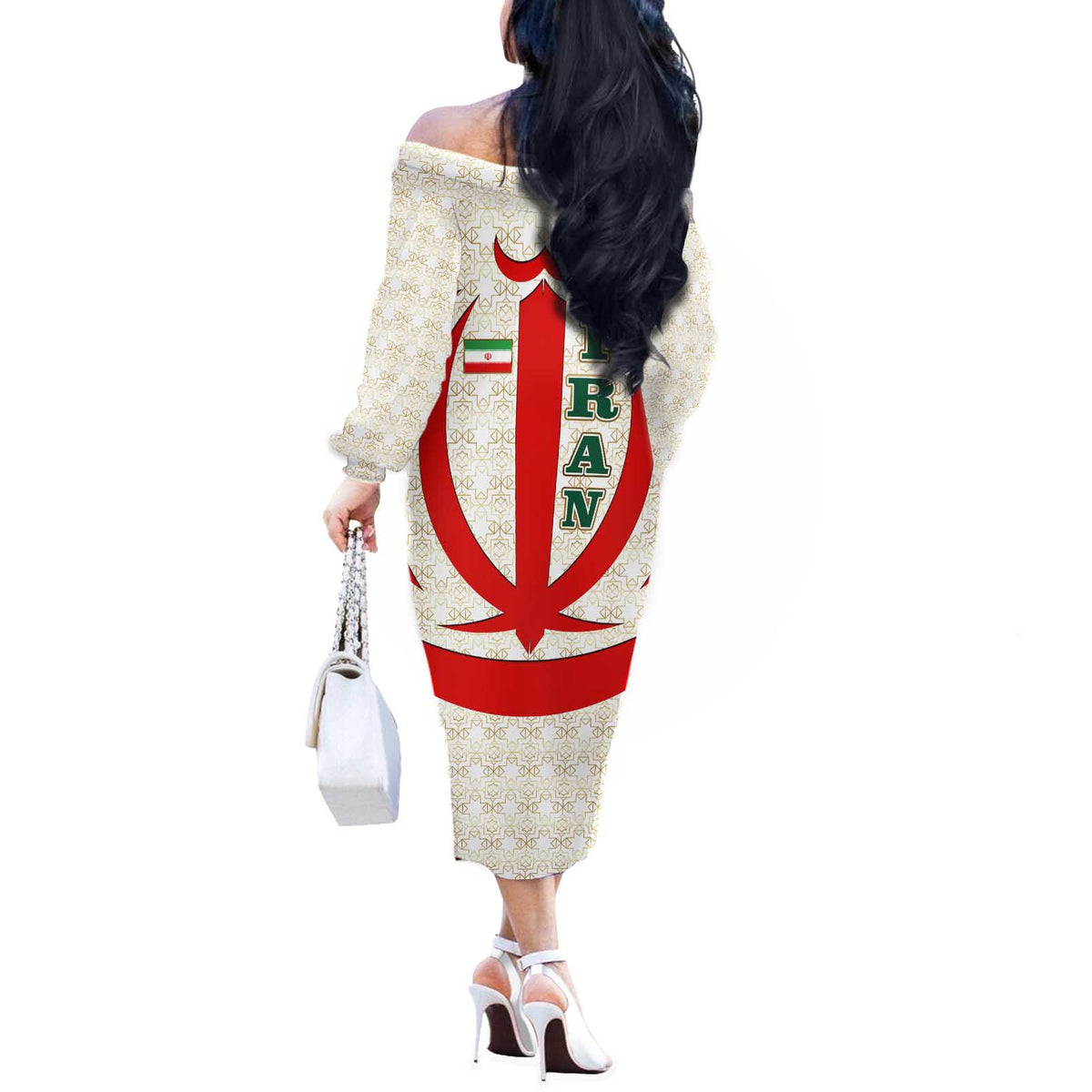Iran Flag Pattern Off The Shoulder Long Sleeve Dress with Bold Red National Emblem Design
