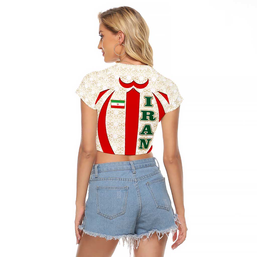 Iran Flag Pattern Raglan Cropped T Shirt with Bold Red National Emblem Design