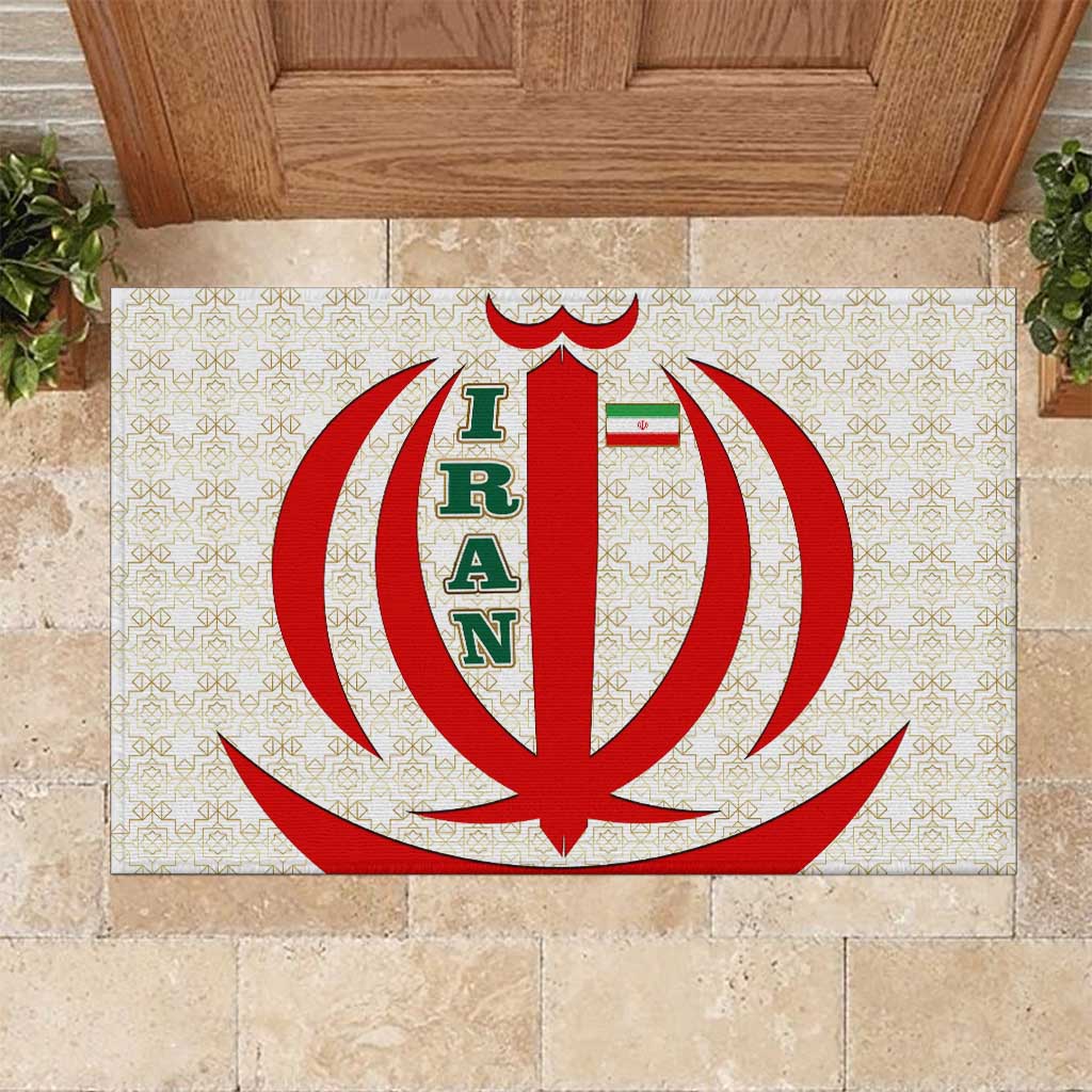Iran Flag Pattern Rubber Doormat with Bold Red National Emblem Design