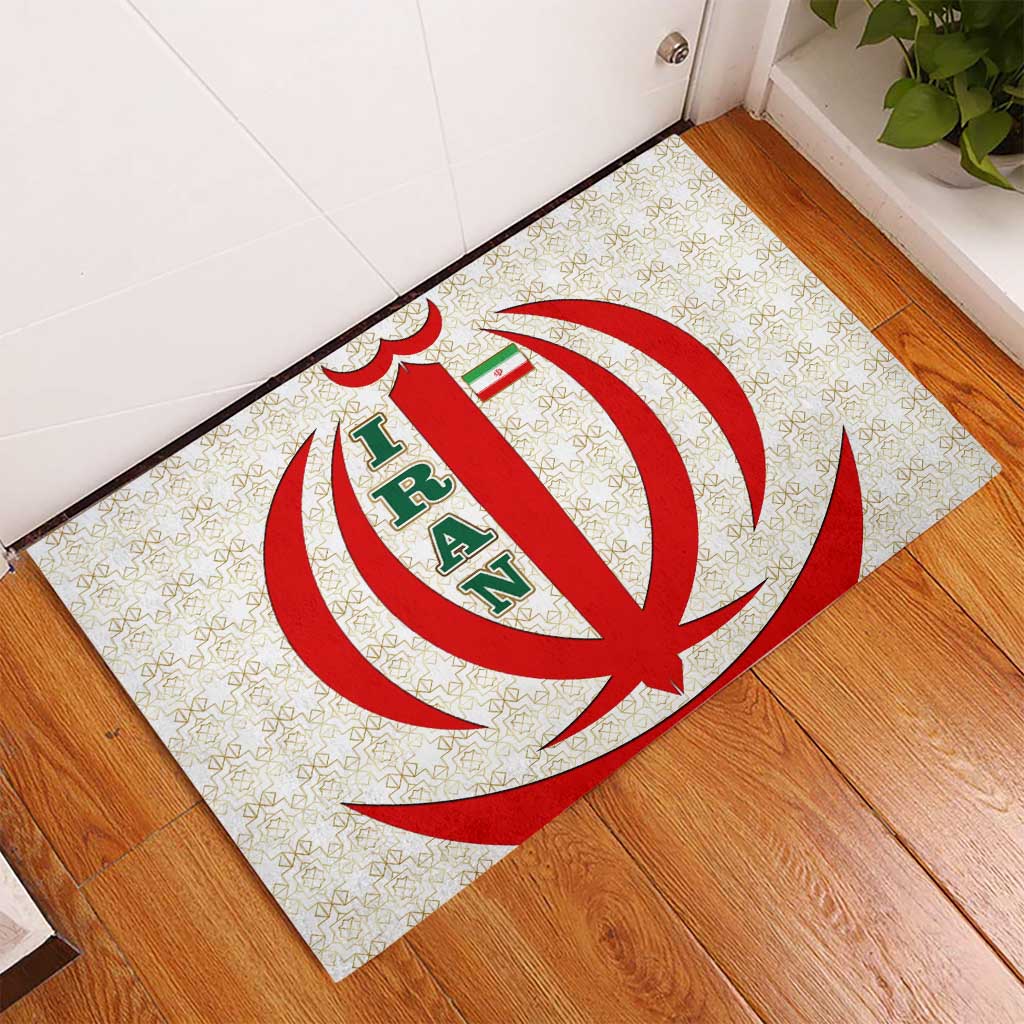 Iran Flag Pattern Rubber Doormat with Bold Red National Emblem Design