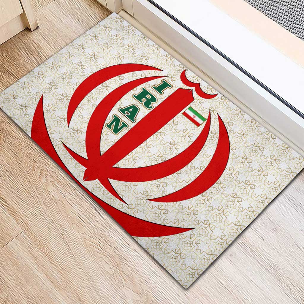 Iran Flag Pattern Rubber Doormat with Bold Red National Emblem Design