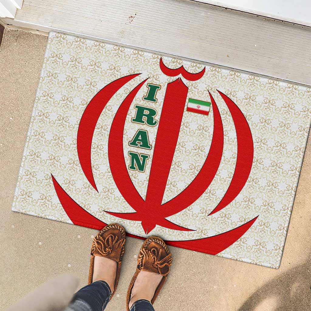 Iran Flag Pattern Rubber Doormat with Bold Red National Emblem Design