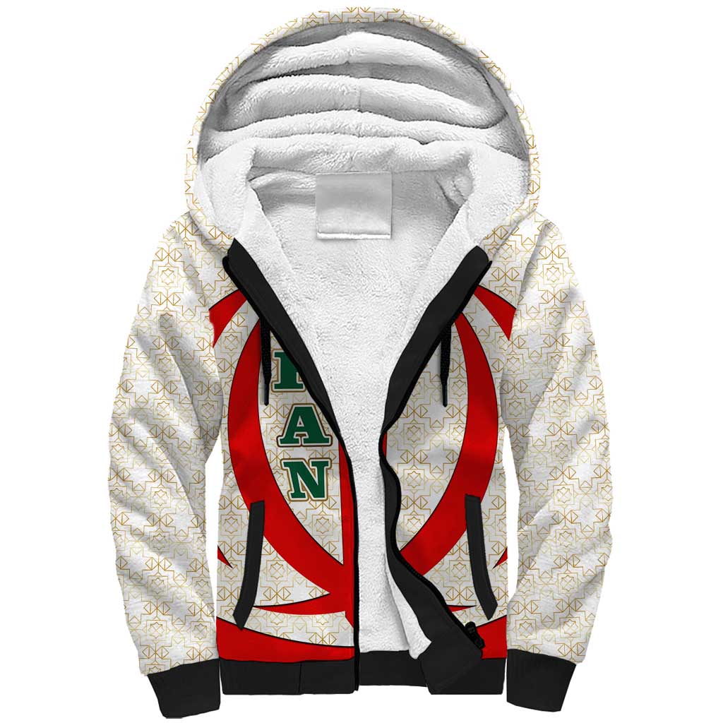 Iran Flag Pattern Sherpa Hoodie with Bold Red National Emblem Design