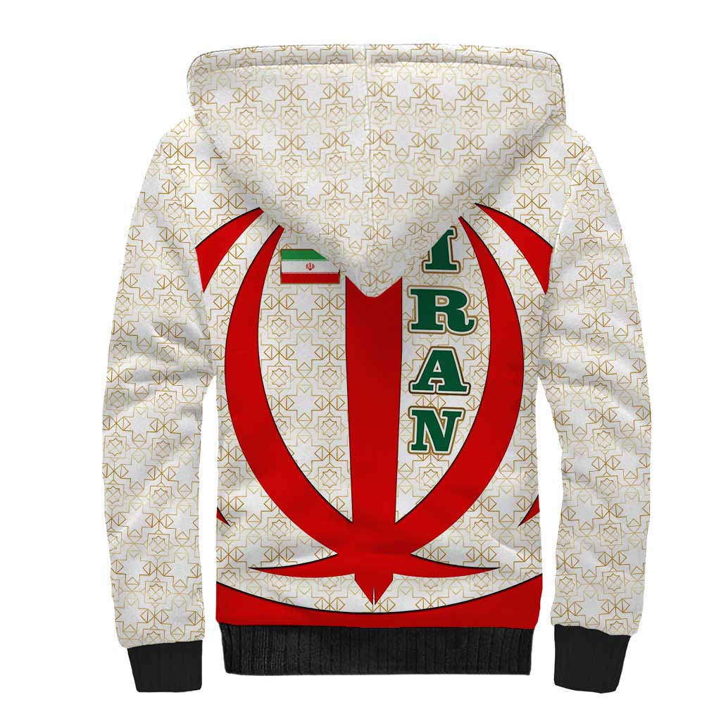 Iran Flag Pattern Sherpa Hoodie with Bold Red National Emblem Design