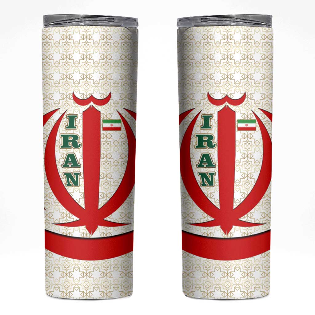 Iran Flag Pattern Skinny Tumbler with Bold Red National Emblem Design