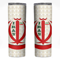 Iran Flag Pattern Skinny Tumbler with Bold Red National Emblem Design