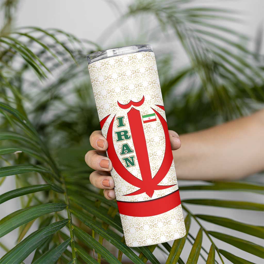 Iran Flag Pattern Skinny Tumbler with Bold Red National Emblem Design