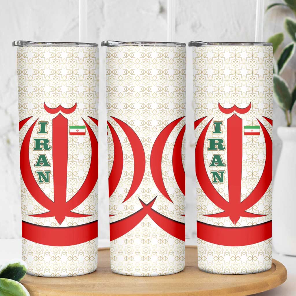 Iran Flag Pattern Skinny Tumbler with Bold Red National Emblem Design