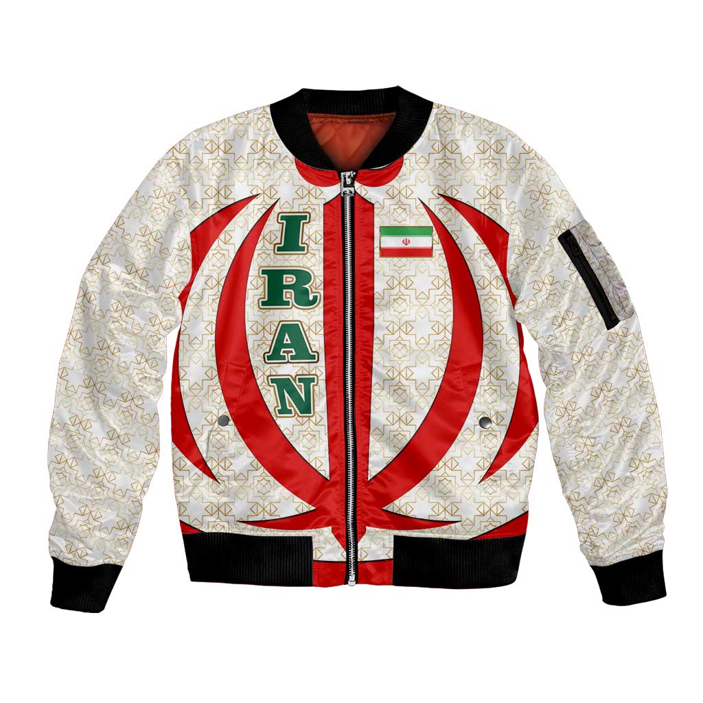 Iran Flag Pattern Sleeve Zip Bomber Jacket with Bold Red National Emblem Design