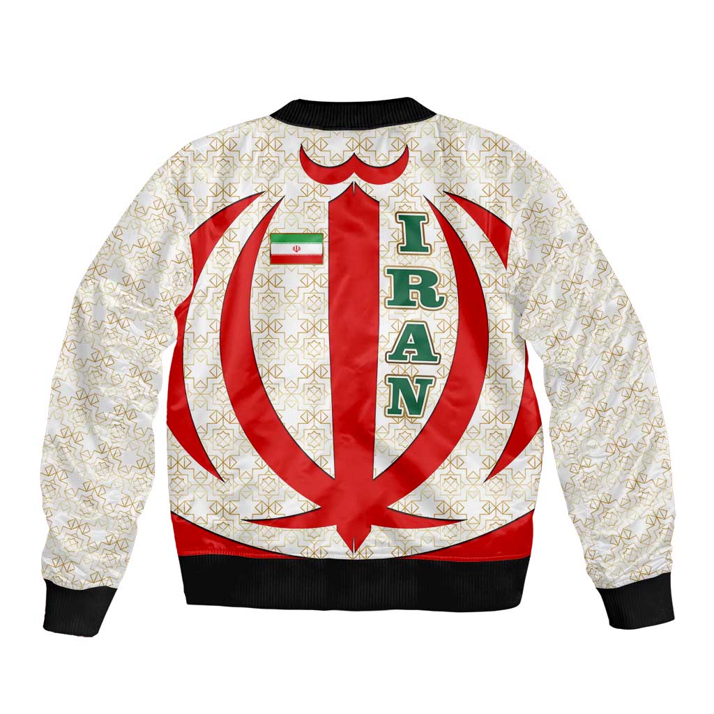 Iran Flag Pattern Sleeve Zip Bomber Jacket with Bold Red National Emblem Design
