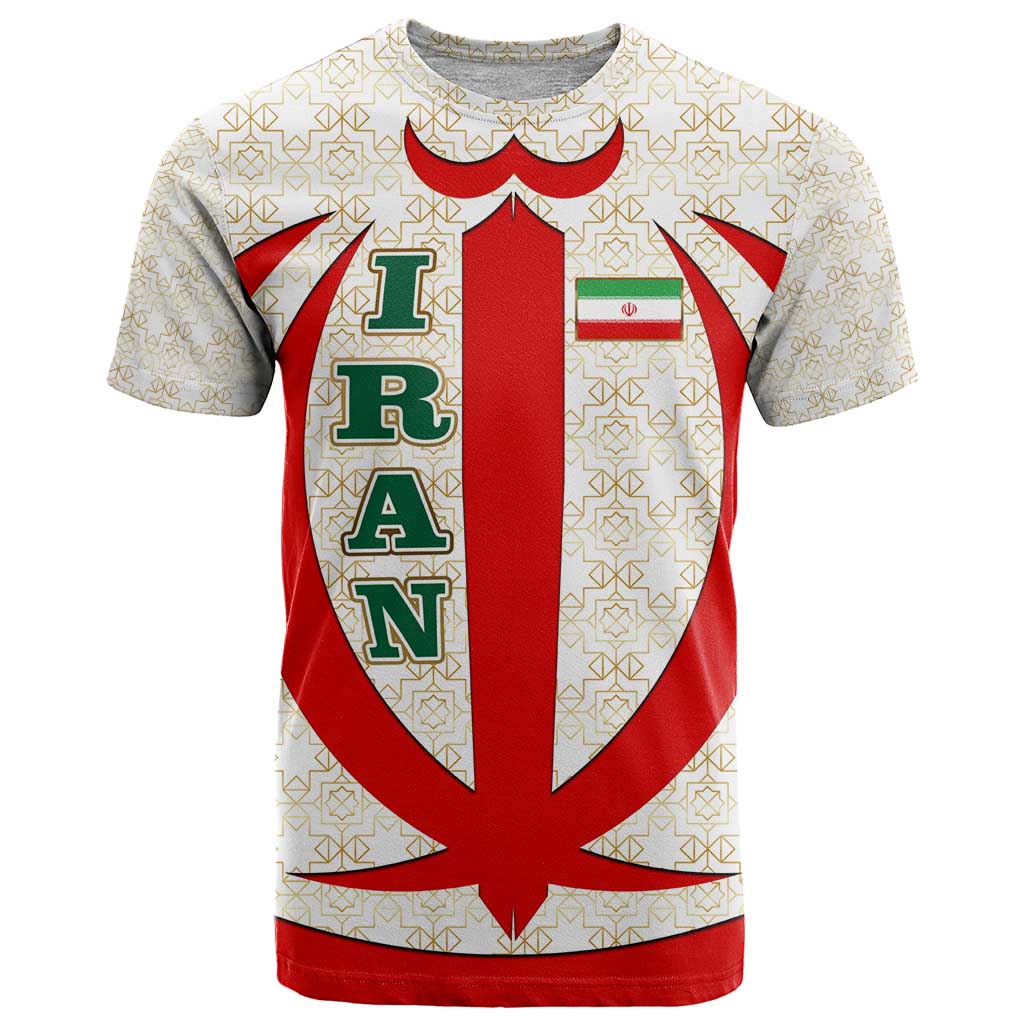 Iran Flag Pattern T Shirt with Bold Red National Emblem Design