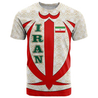 Iran Flag Pattern T Shirt with Bold Red National Emblem Design