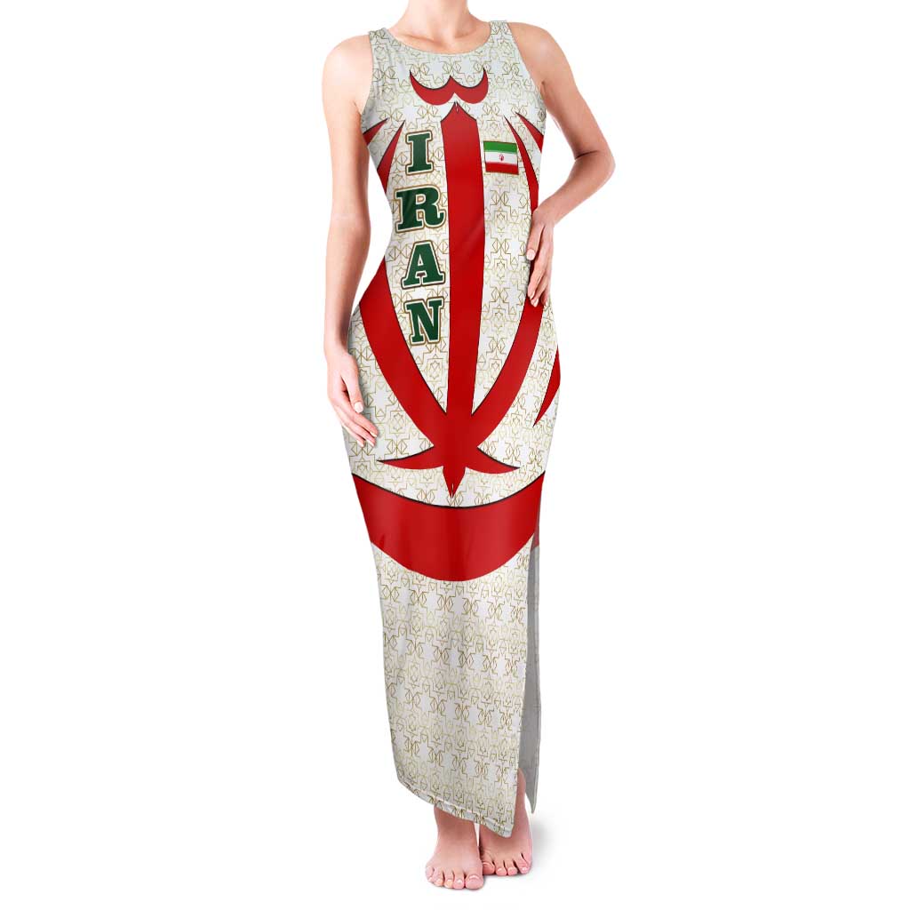 Iran Flag Pattern Tank Maxi Dress with Bold Red National Emblem Design