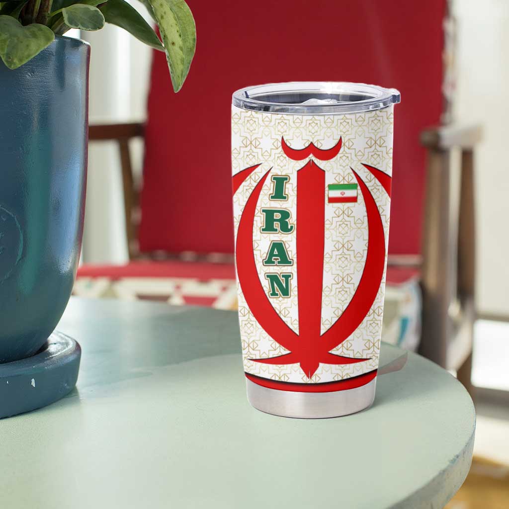 Iran Flag Pattern Tumbler Cup with Bold Red National Emblem Design