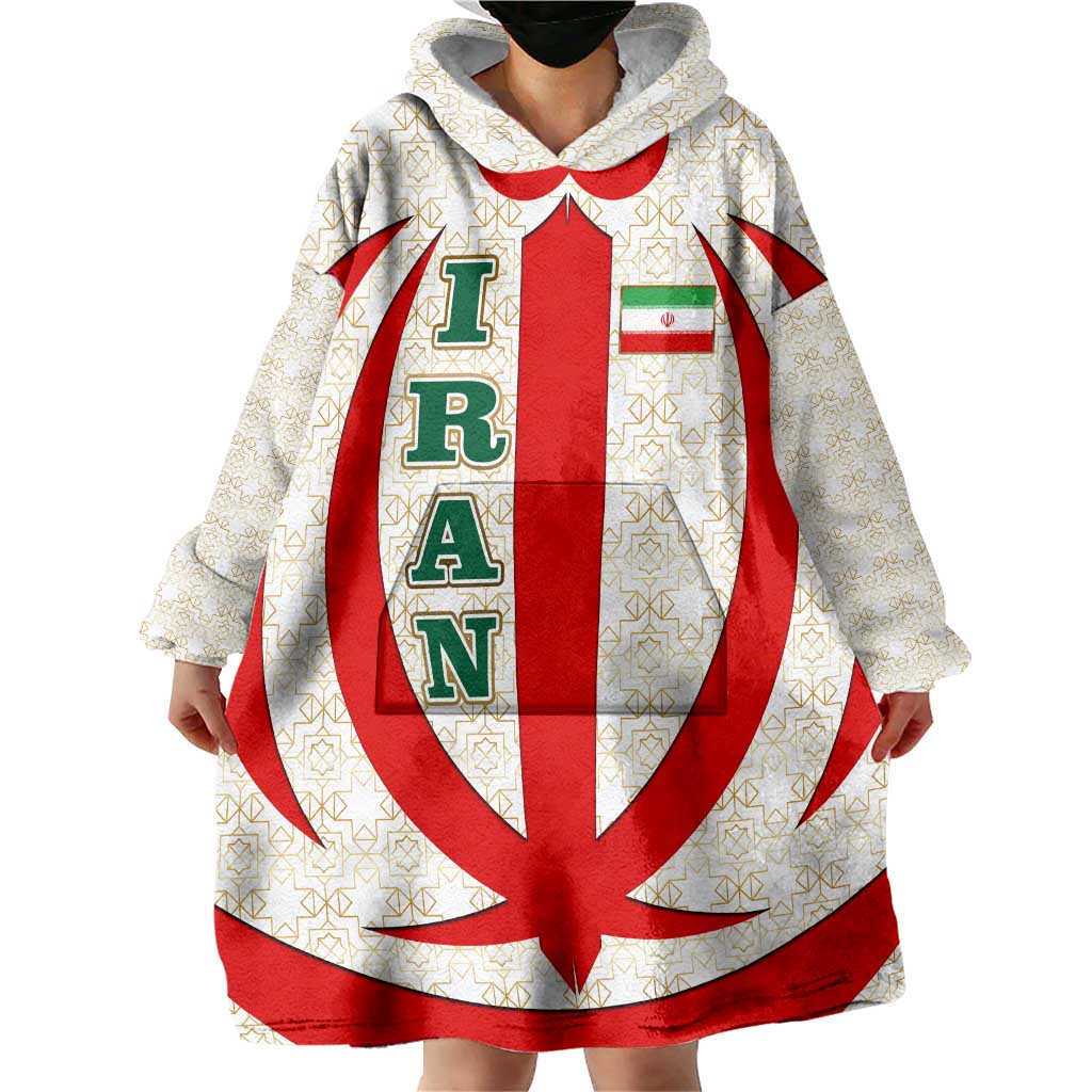 Iran Flag Pattern Wearable Blanket Hoodie with Bold Red National Emblem Design