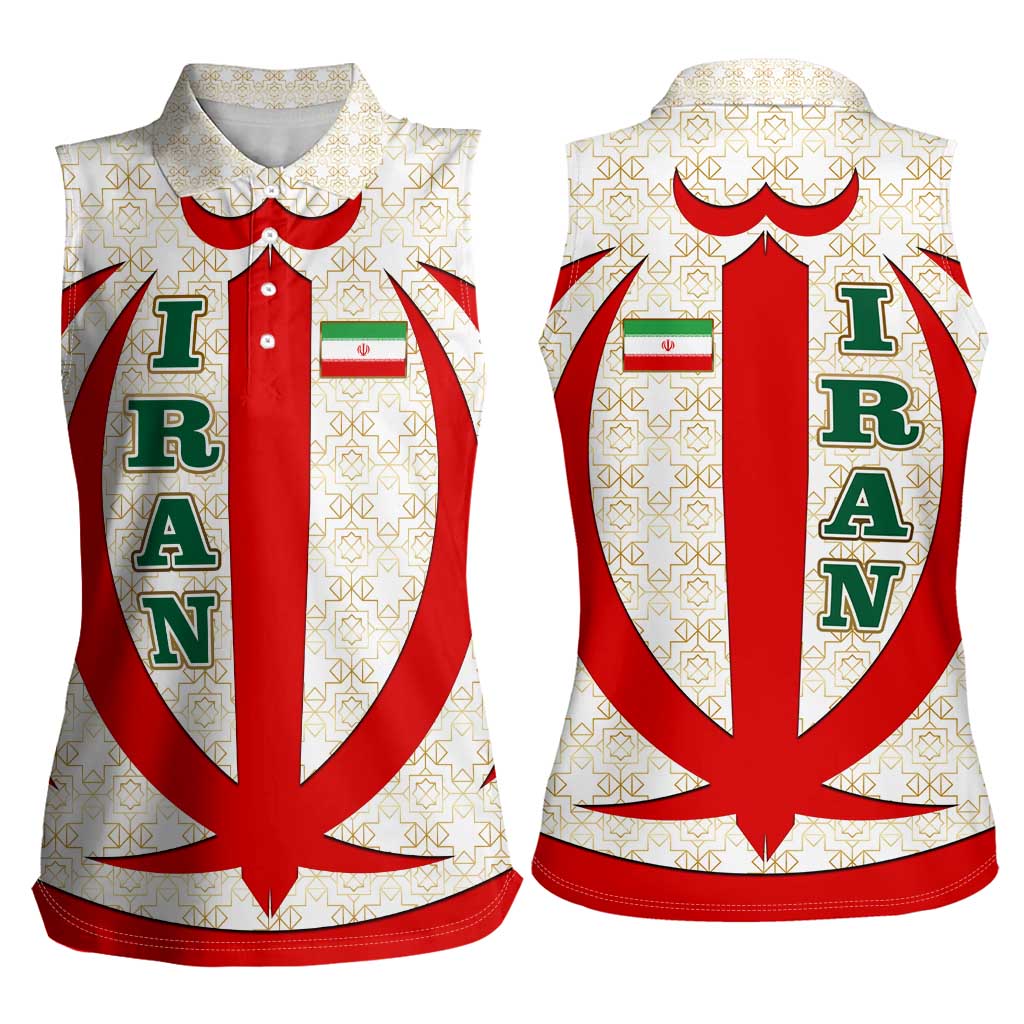 Iran Flag Pattern Women Sleeveless Polo Shirt with Bold Red National Emblem Design