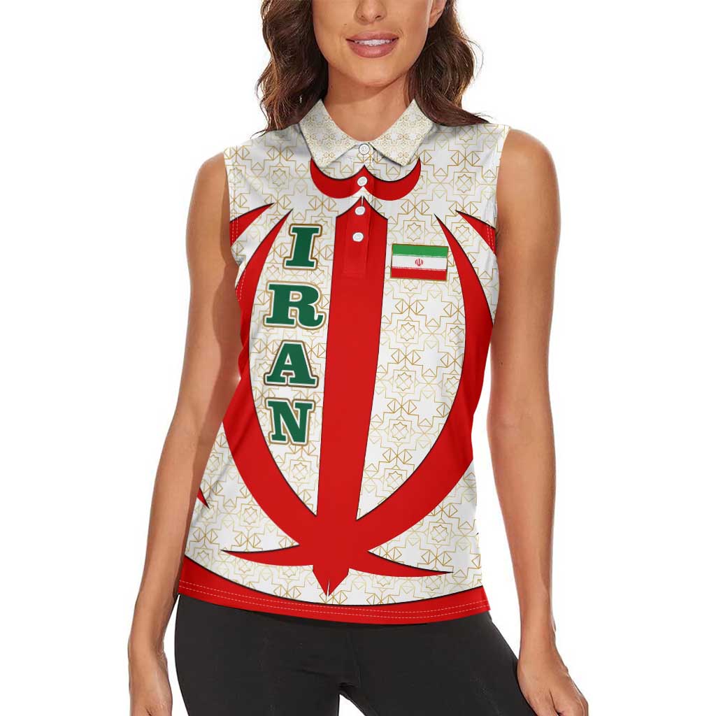 Iran Flag Pattern Women Sleeveless Polo Shirt with Bold Red National Emblem Design