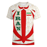 Iran Flag Pattern Women V-Neck T-Shirt with Bold Red National Emblem Design
