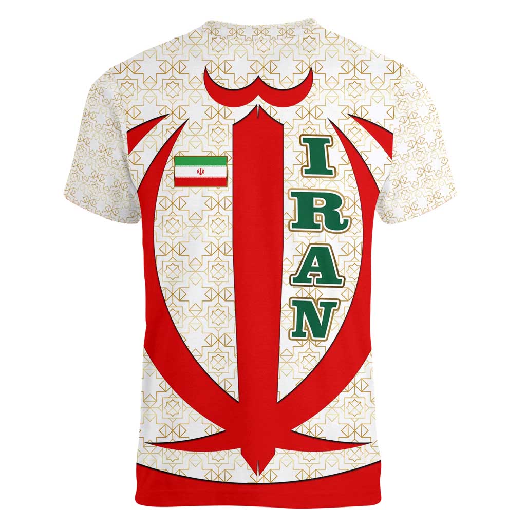 Iran Flag Pattern Women V-Neck T-Shirt with Bold Red National Emblem Design