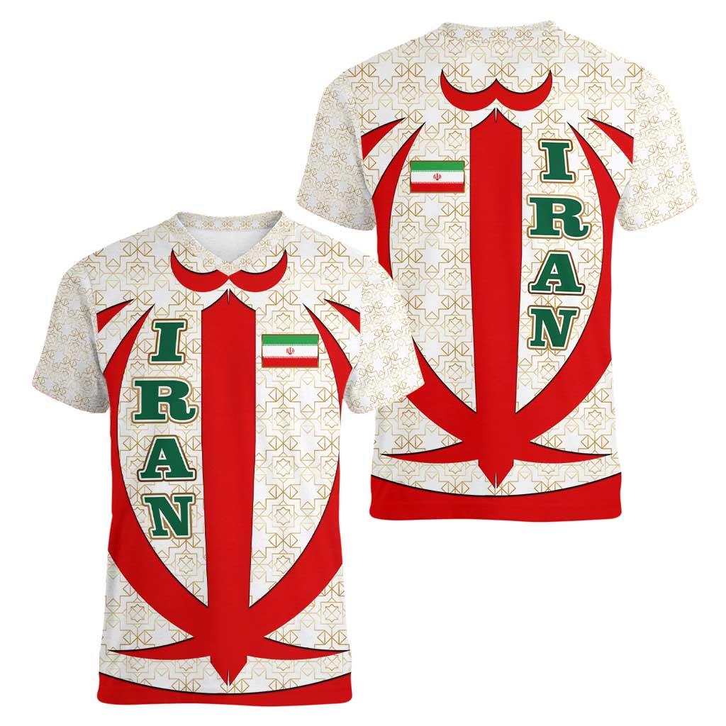 Iran Flag Pattern Women V-Neck T-Shirt with Bold Red National Emblem Design