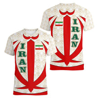 Iran Flag Pattern Women V-Neck T-Shirt with Bold Red National Emblem Design