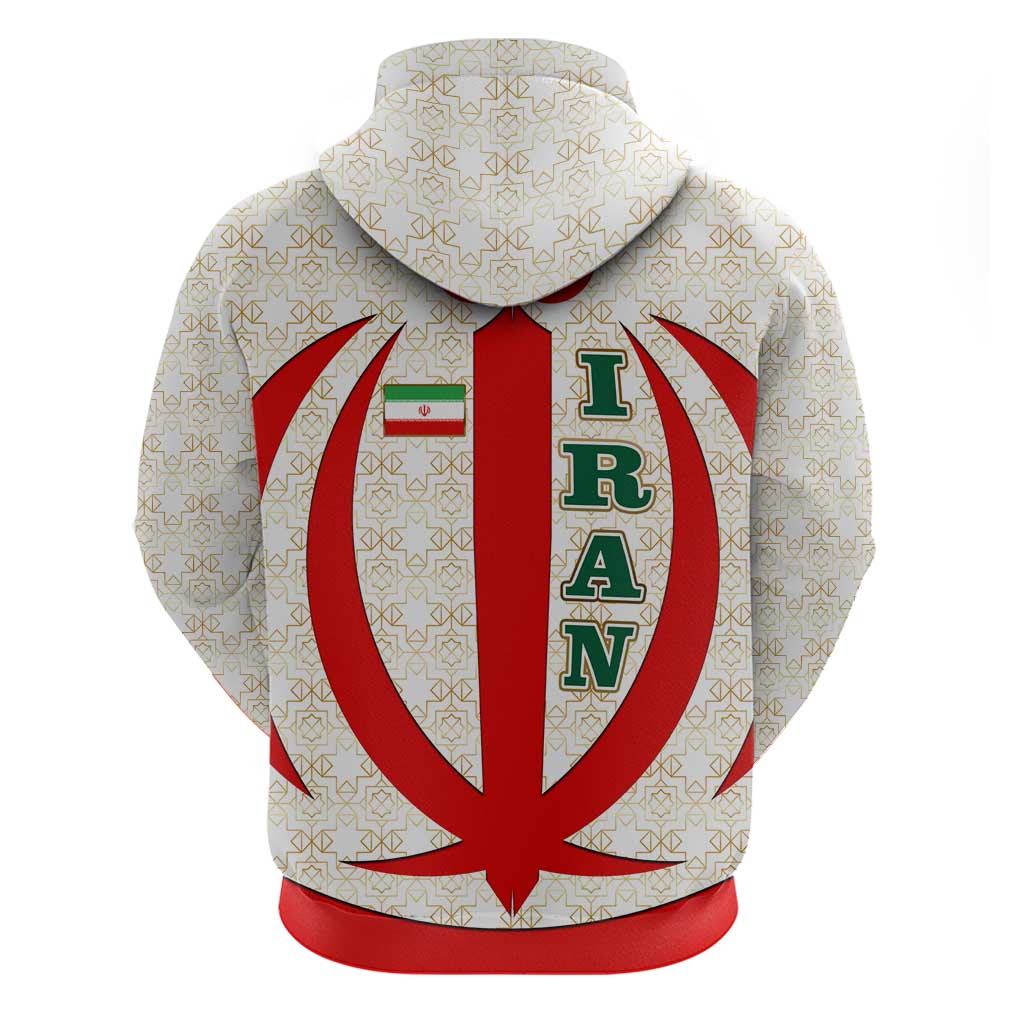 Iran Flag Pattern Zip Hoodie with Bold Red National Emblem Design