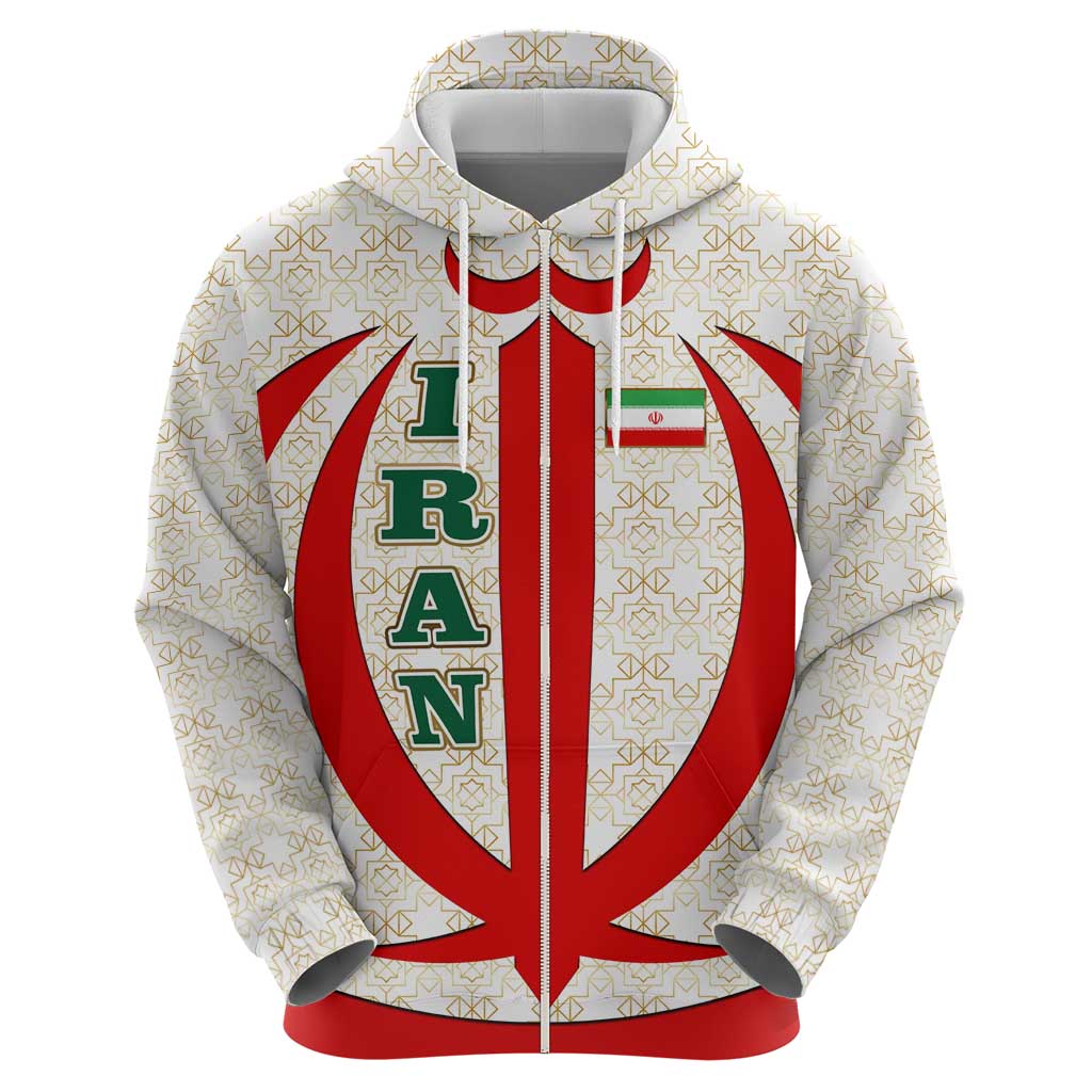 Iran Flag Pattern Zip Hoodie with Bold Red National Emblem Design