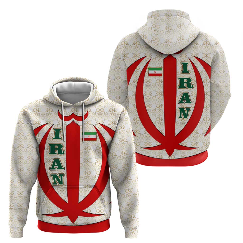 Iran Flag Pattern Zip Hoodie with Bold Red National Emblem Design