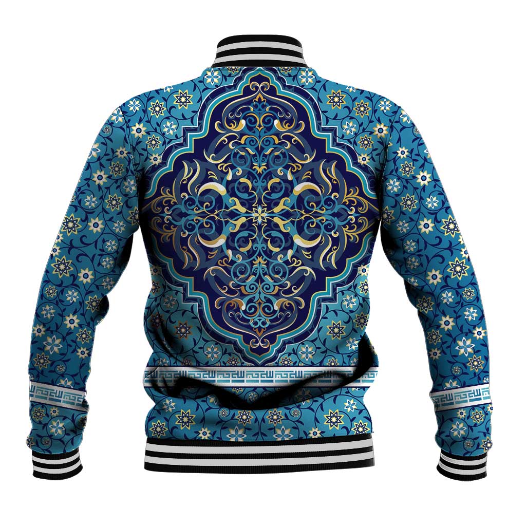 Iranian Mosaic Art Pattern Baseball Jacket with Persian Calligraphy and Flag Accents