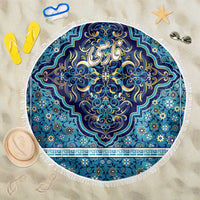 Iranian Mosaic Art Pattern Beach Blanket with Persian Calligraphy and Flag Accents