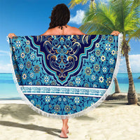 Iranian Mosaic Art Pattern Beach Blanket with Persian Calligraphy and Flag Accents