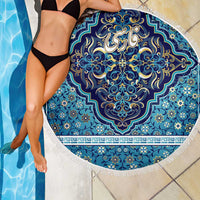 Iranian Mosaic Art Pattern Beach Blanket with Persian Calligraphy and Flag Accents